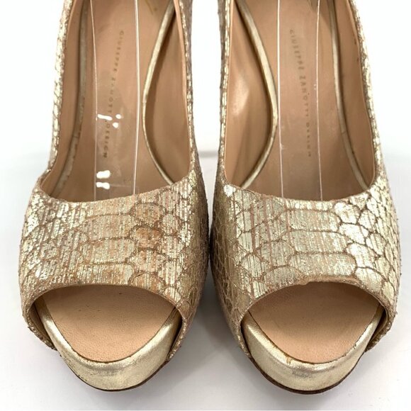 Giuseppe Zanotti heels 40 gold Italian leather snakeskin embossed platforms - Picture 3 of 15